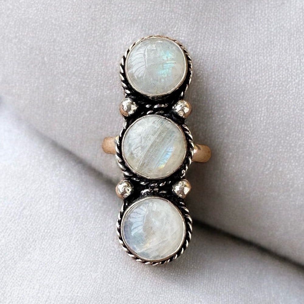 925 Sterling Silver and Triple Natural Rainbow Moonstone Ring - Picture 1 of 13